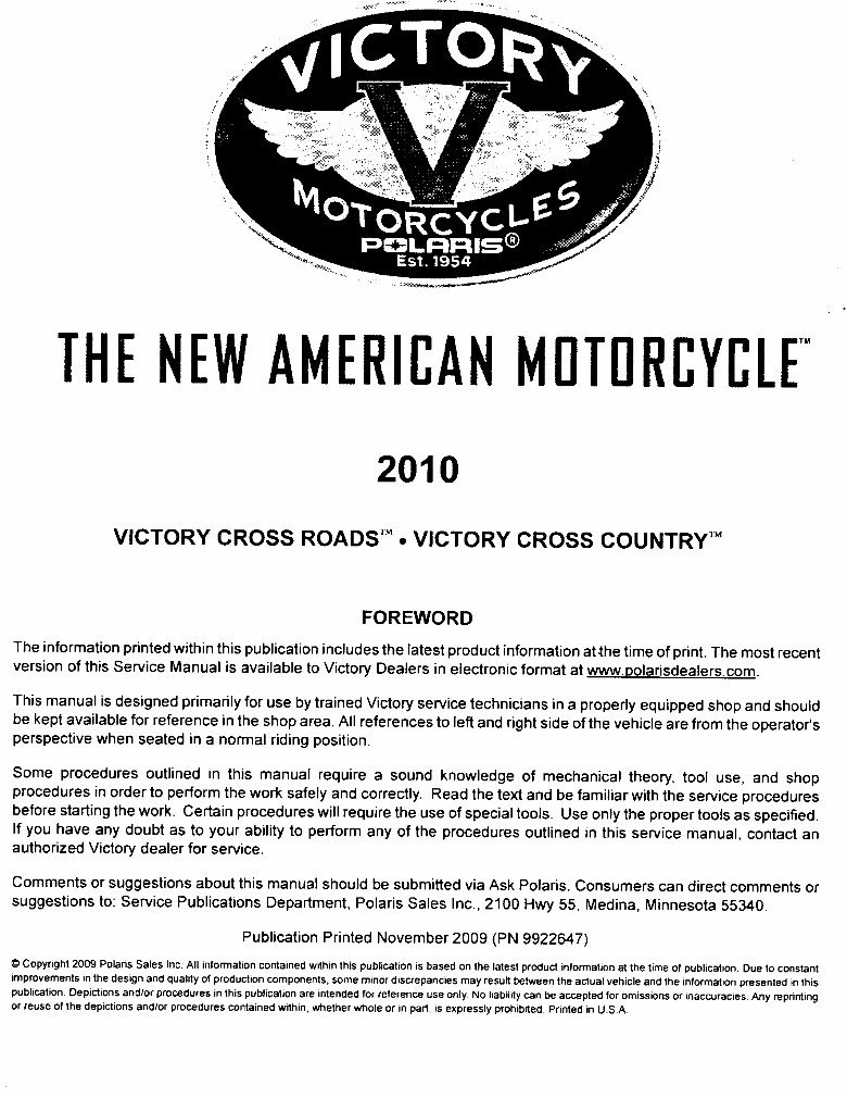 VICTORY CROSS ROADS CROSS COUNTRY 2010 ONWARD Bike Manual preview img 1
