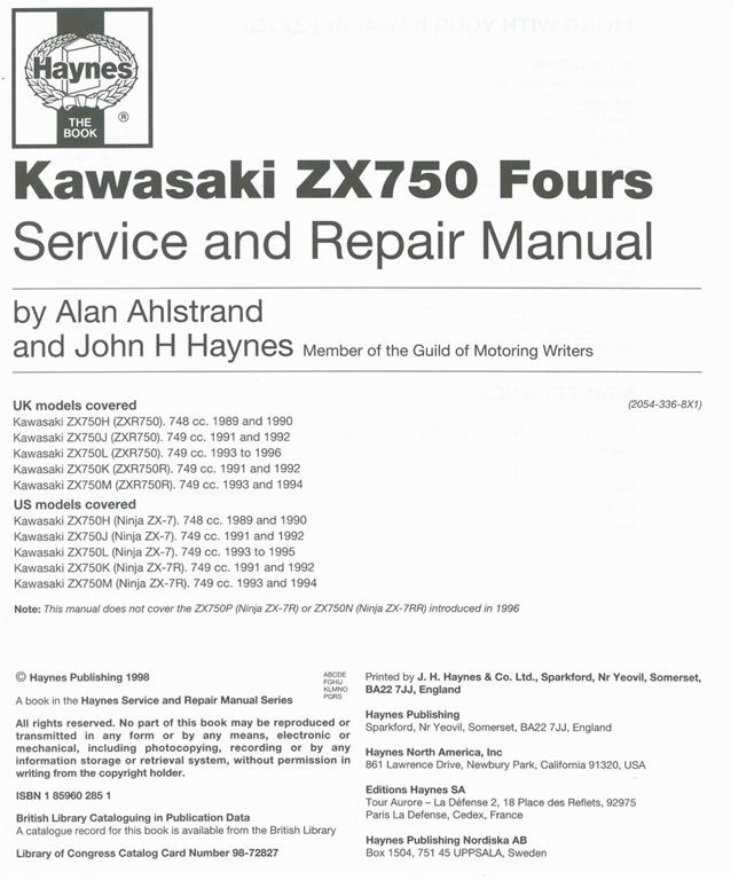 Superbike Kawasaki ZXR750R ZX7R 1992 1993 1994 Service Manual