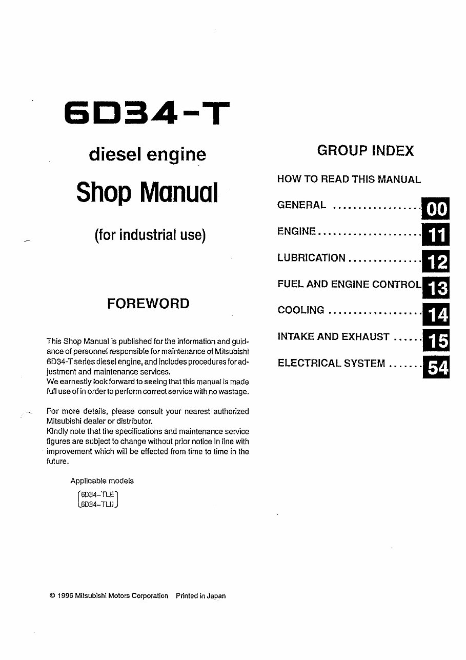 Mitsubishi 6D34-T, 6D34-TLE, 6D34-TLU Diesel Engine Complete Workshop Service Repair Manual preview img 1