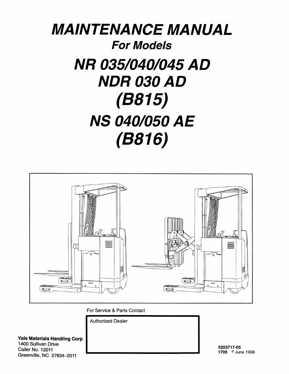 Yale (B815) NDR 030 AD, NR 035 AD, NR 040AD, NR 045 AD, NS 040 AE, NS 050 AE Lift Truck Parts Manual preview img 1