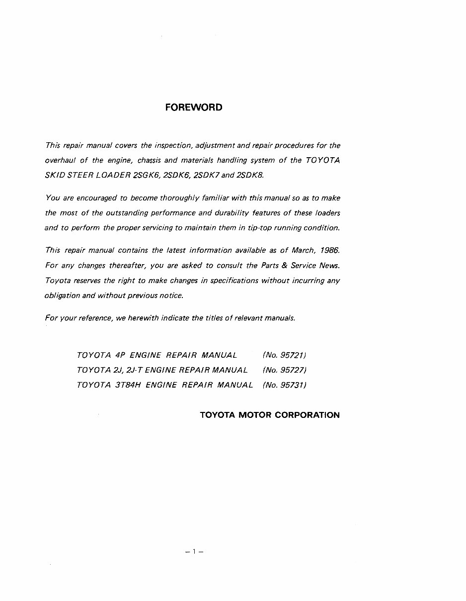 Toyota 2SDK6 Skid Steer Loader Workshop Service Manual preview img 1