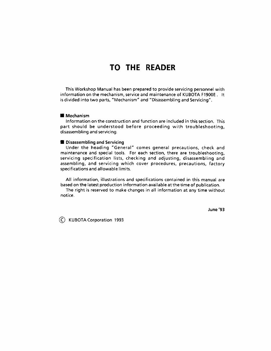 KUBOTA F1900 F1900E Tractor Service Manual preview img 2