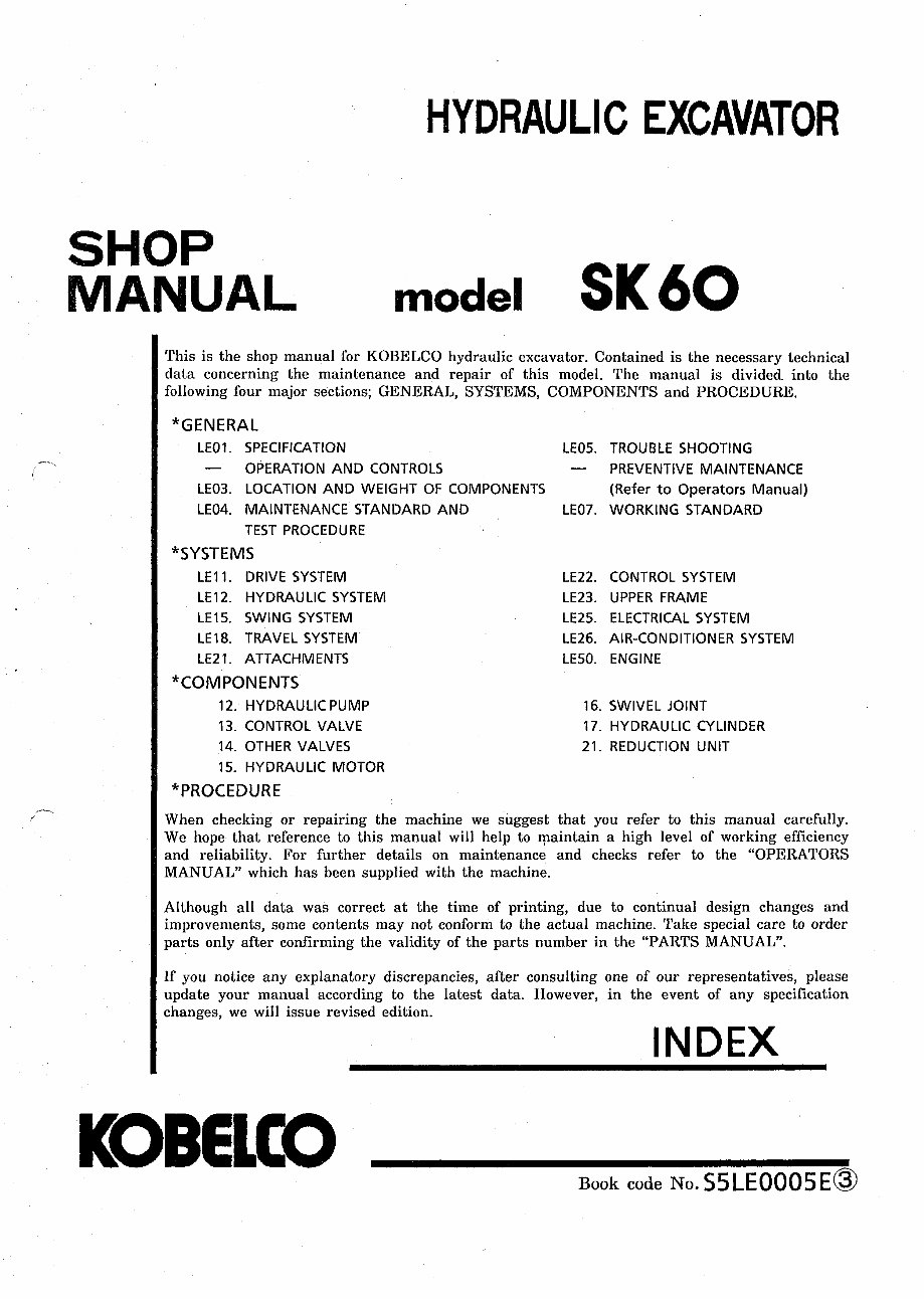 Kobelco SK60 Crawler Excavator Service Repair Manual ( LE-11001 and UP ) preview img 1