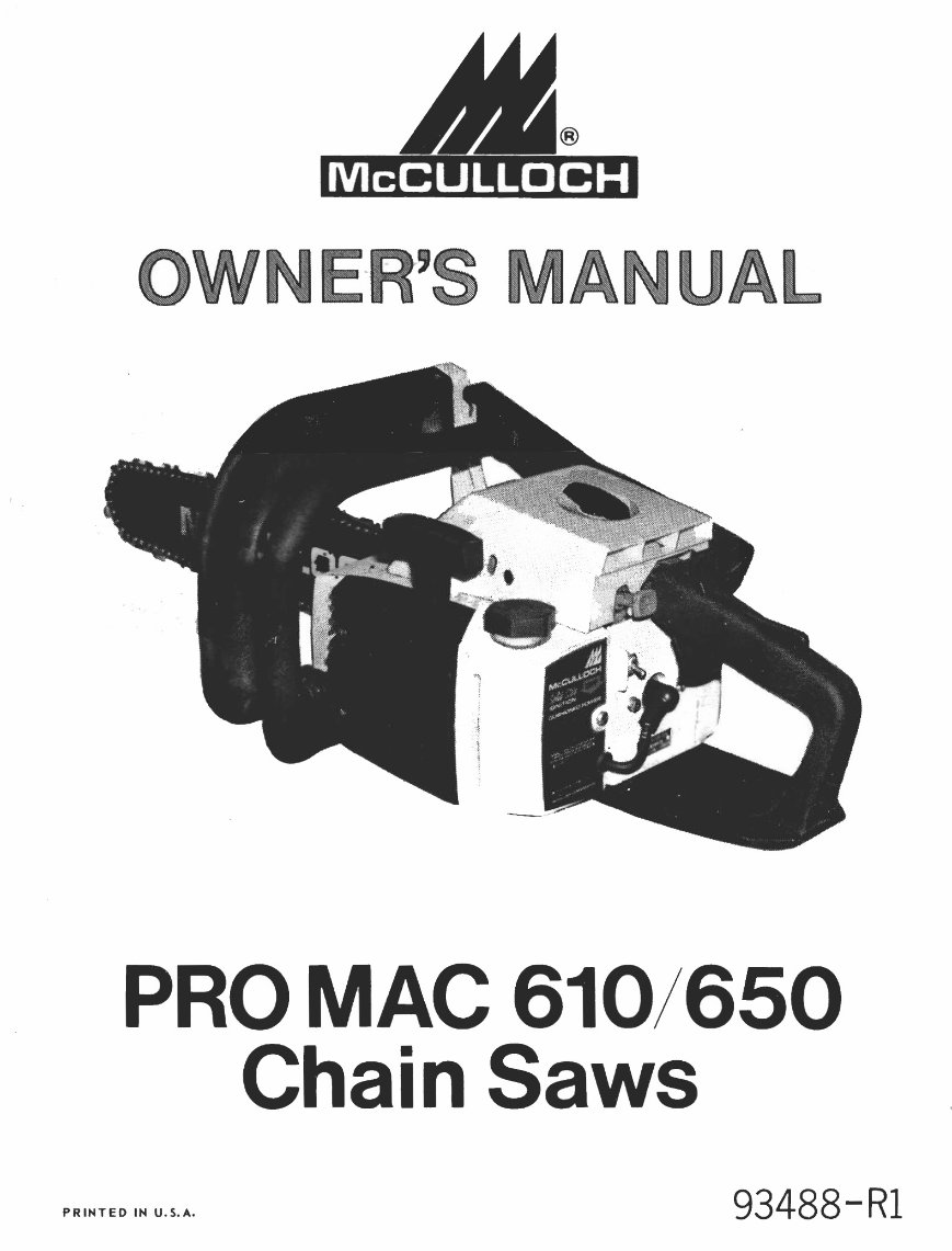 McCulloch 610 / 650 Chain Saw Owners Manual preview img 1