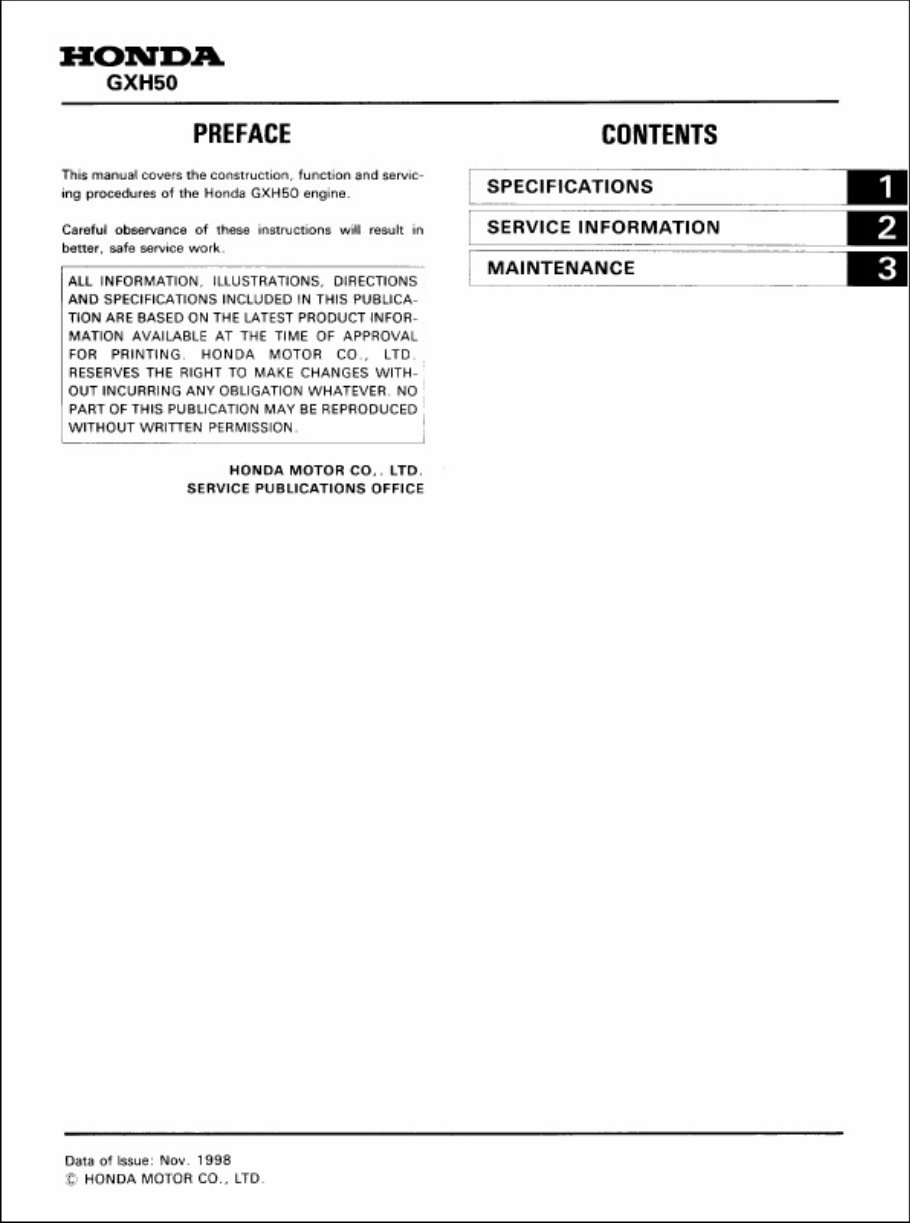 Honda GXH50 Horizontal Shaft Engine Repair Manual preview img 1
