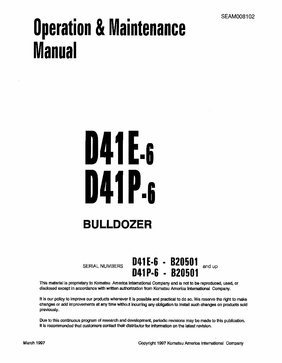 KOMATSU D41E-6 D41P-6 BULLDOZER Operation Maintenance Manual preview img 1