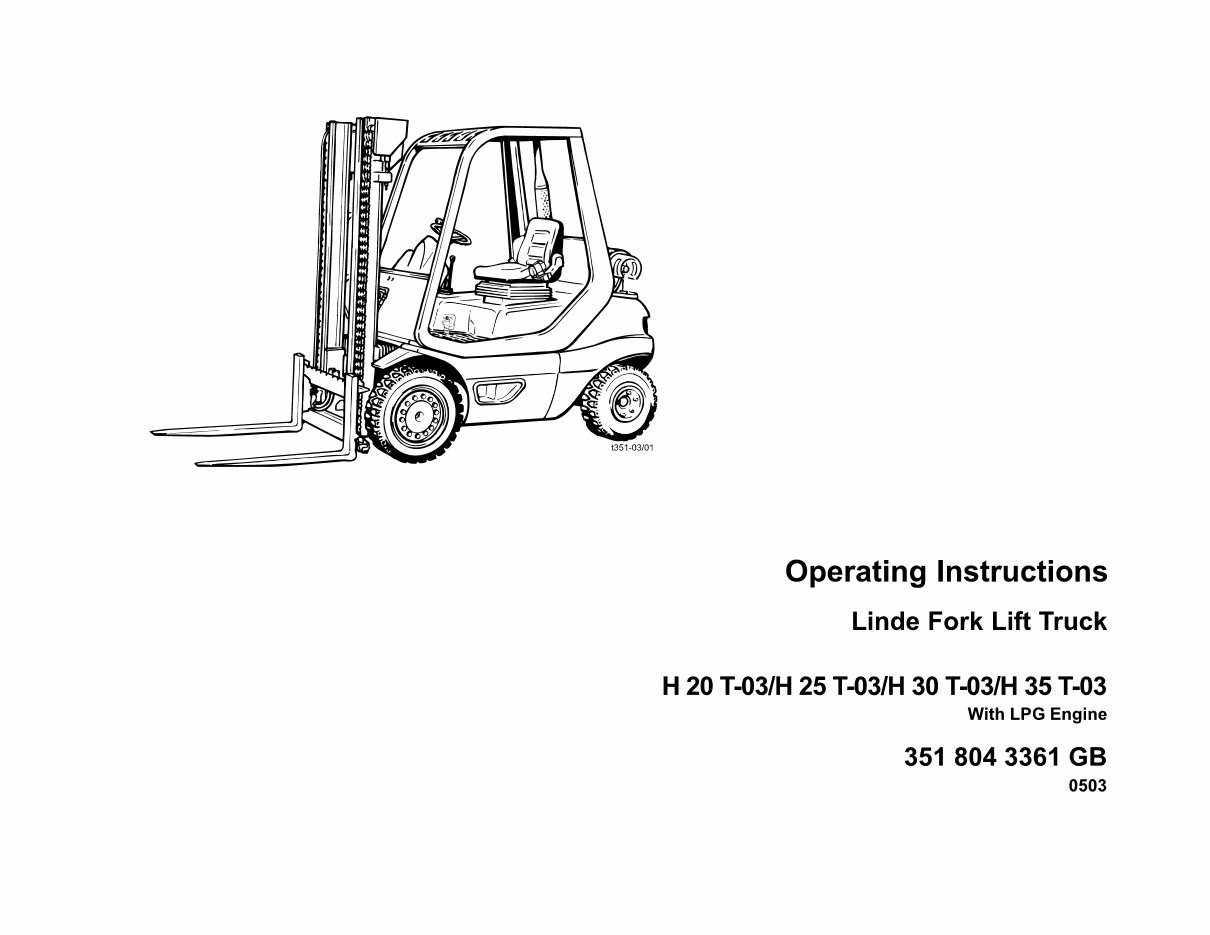 Linde Diesel Forklift Truck 351-03 Series: H20, H25, H30, H35 Operating Manual (User manual) preview img 1
