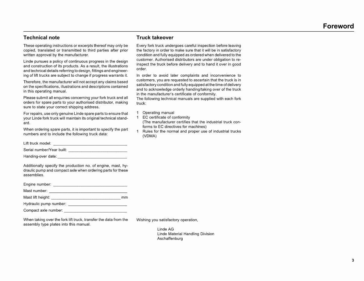 Linde Diesel Forklift Truck 351-03 Series: H20, H25, H30, H35 Operating Manual (User manual) preview img 5