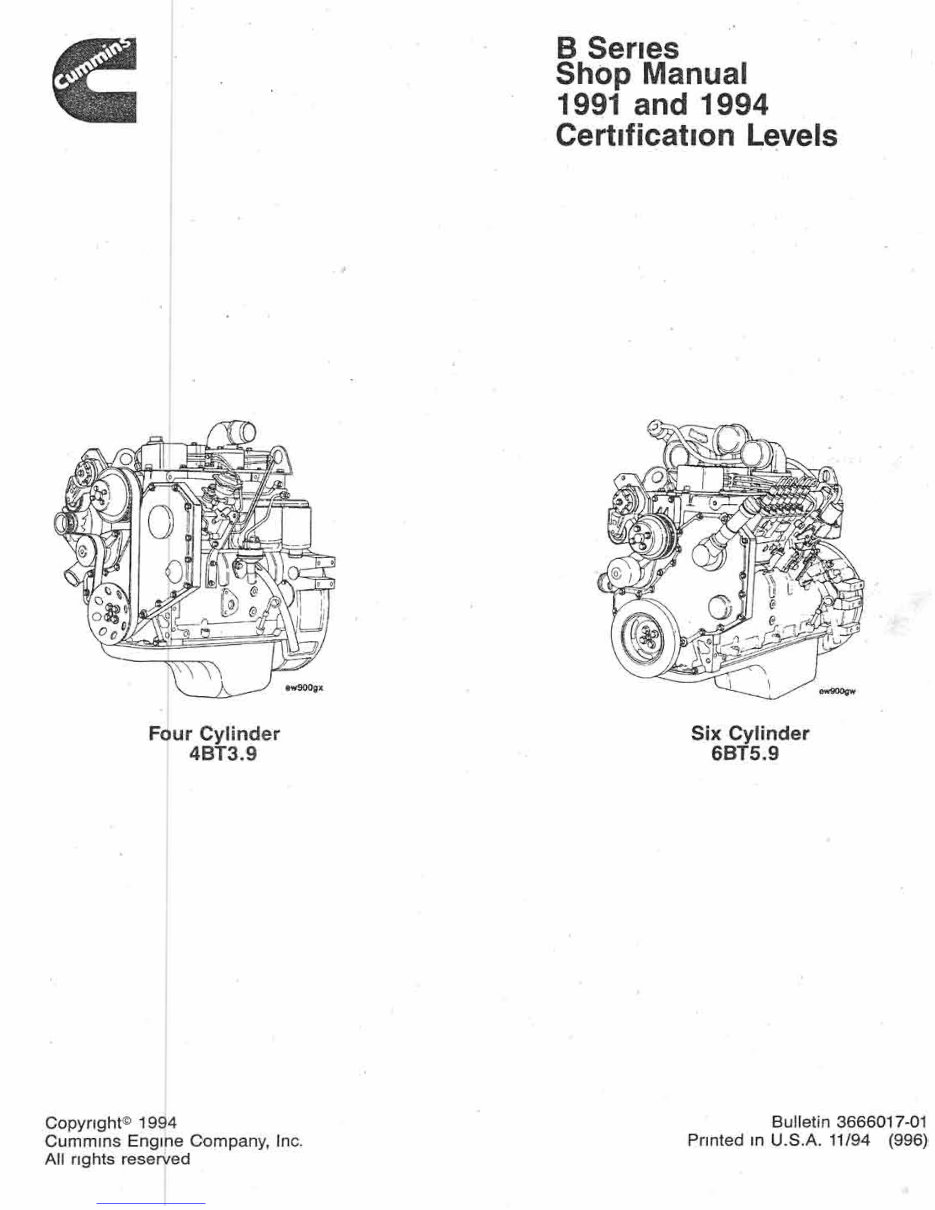 1991-1994 Cummins Engine B Series 4BT3.9 6BT5.9 Service & Repair Manual preview img 1