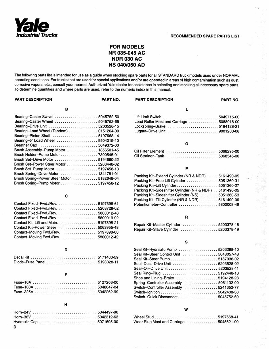 Yale NR 035 / 040 / 045 AC, NDR 030 AC (A815) NS 040 / 050 AD (A816) Lift Truck Parts Manual preview img 4
