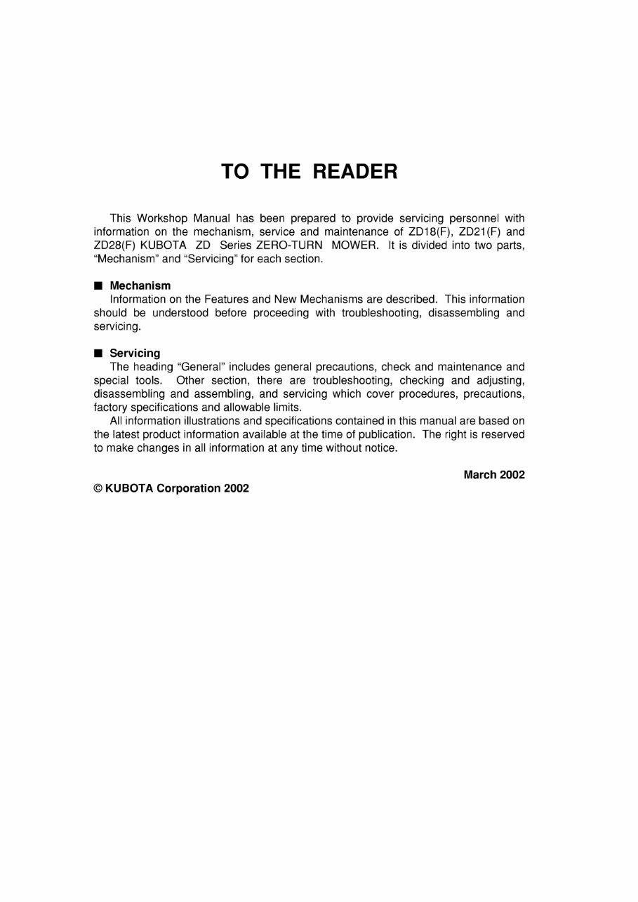 Kubota ZD21 Zero Turn Mower Workshop Repair Service Manual preview img 2