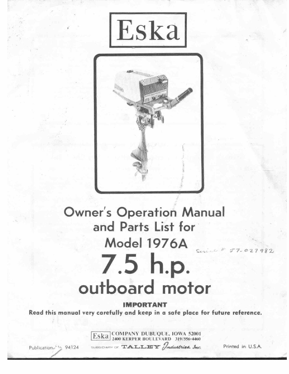 1971-1979 Eska Outboard Owners Manual preview img 1