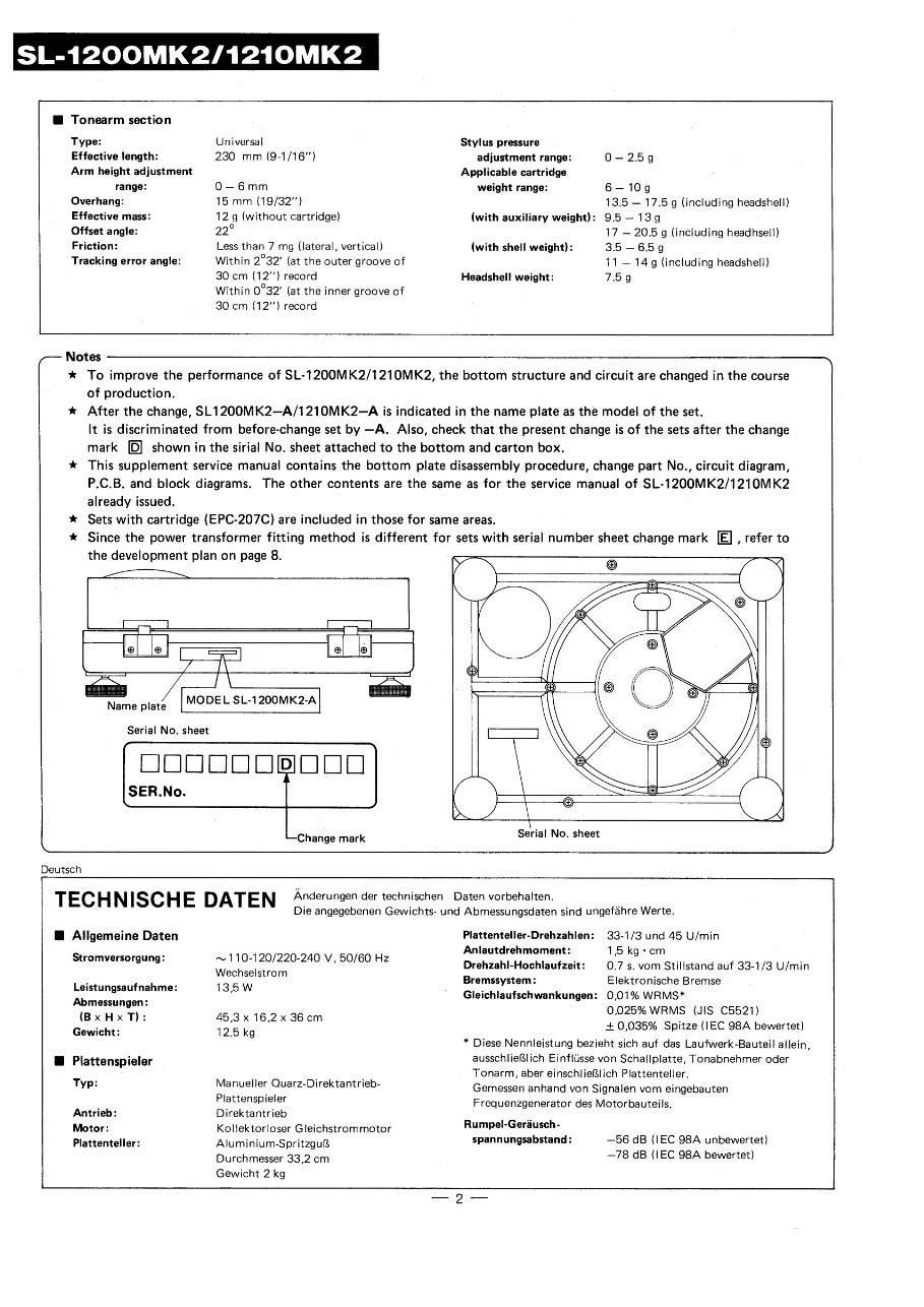 Technics SL-1200 mk2 Turntable , Service Manual & Supplement preview img 3