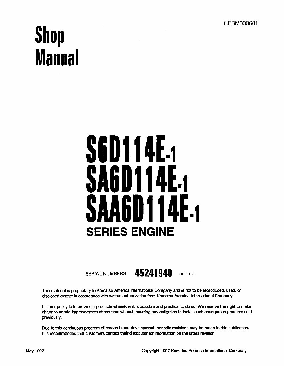 KOMATSU S6D114E-1, SA6D114E-1, SAA6D114E-1 Series Engine Shop Manual & Toubleshooting and Repair Manual preview img 1