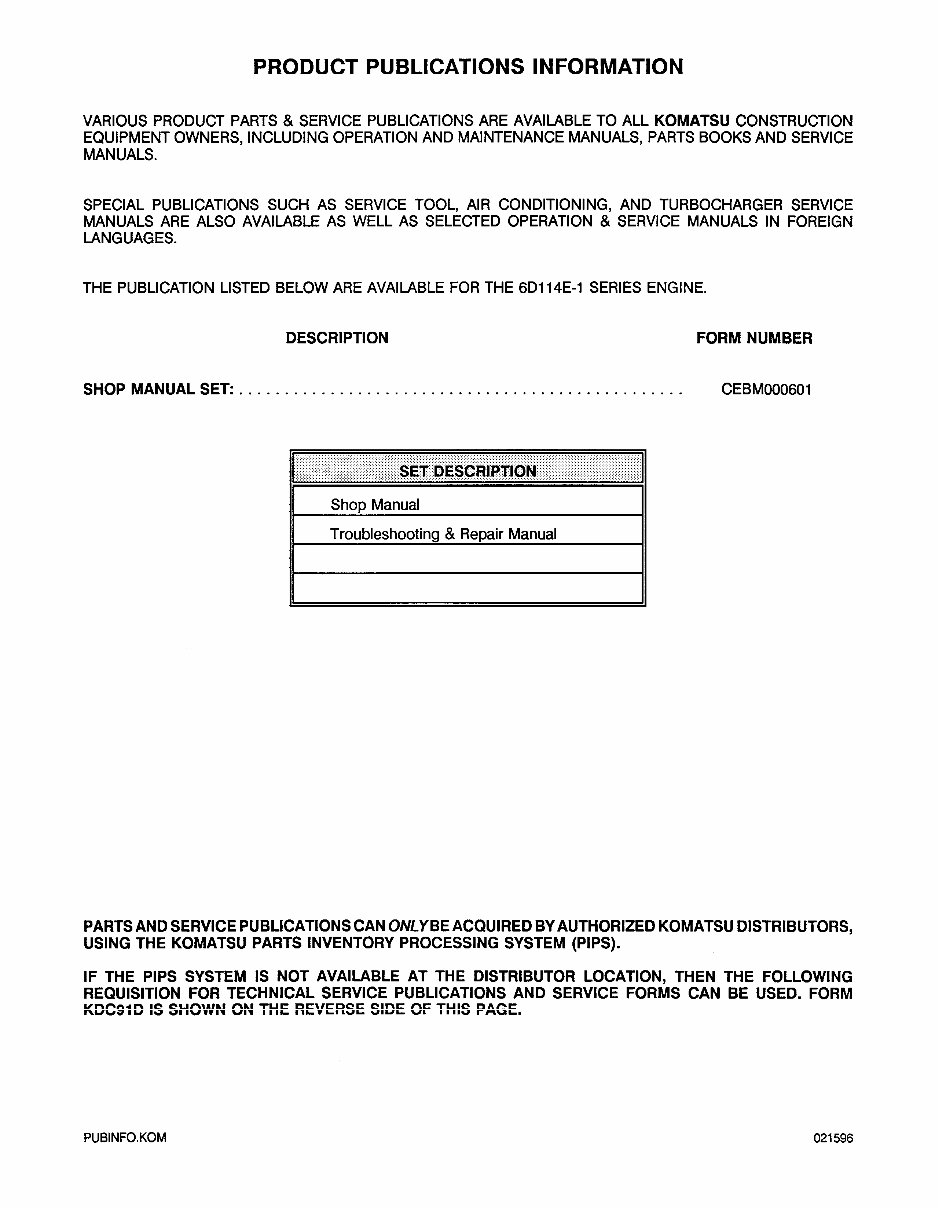 KOMATSU S6D114E-1, SA6D114E-1, SAA6D114E-1 Series Engine Shop Manual & Toubleshooting and Repair Manual preview img 3