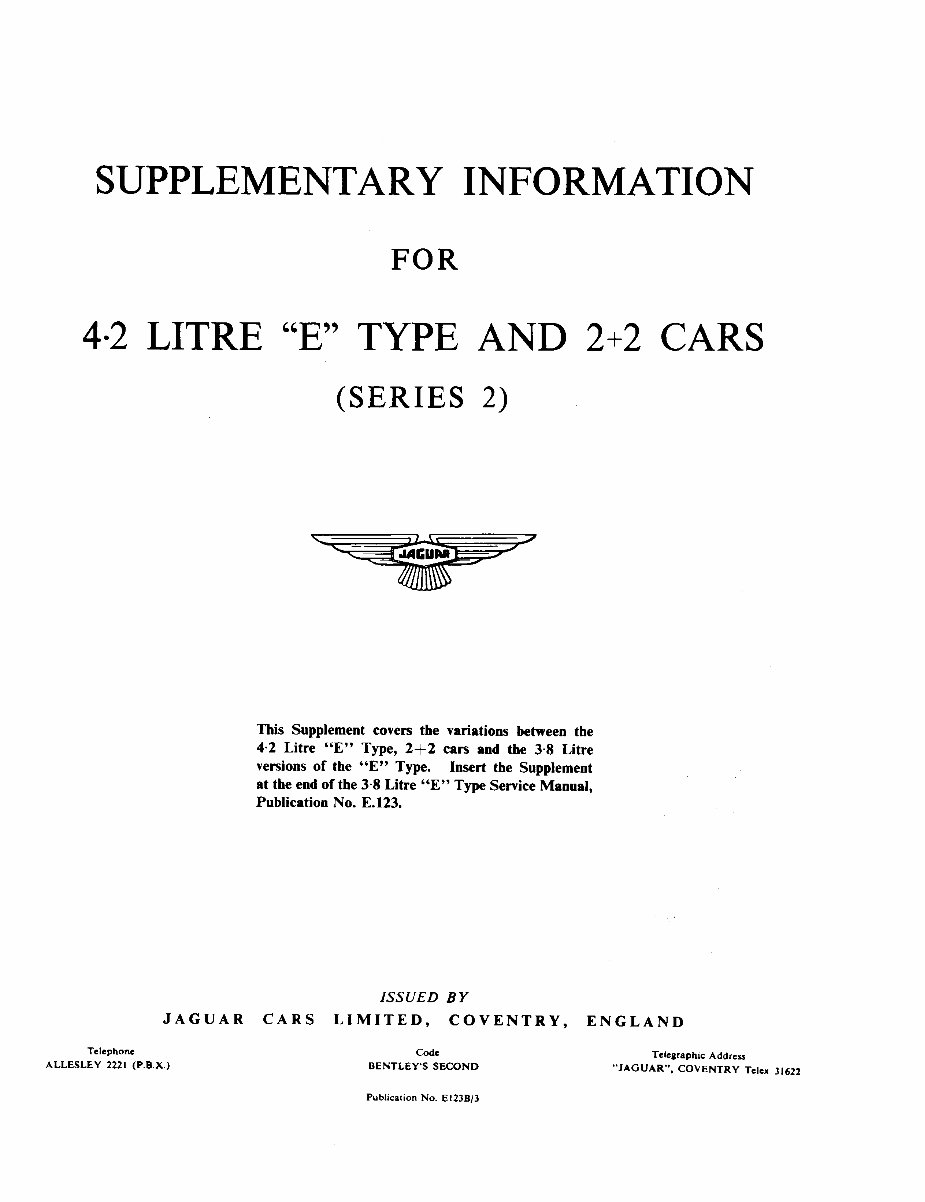 Jaguar 4.2, E and 2+2 suppl Service Manual preview img 1