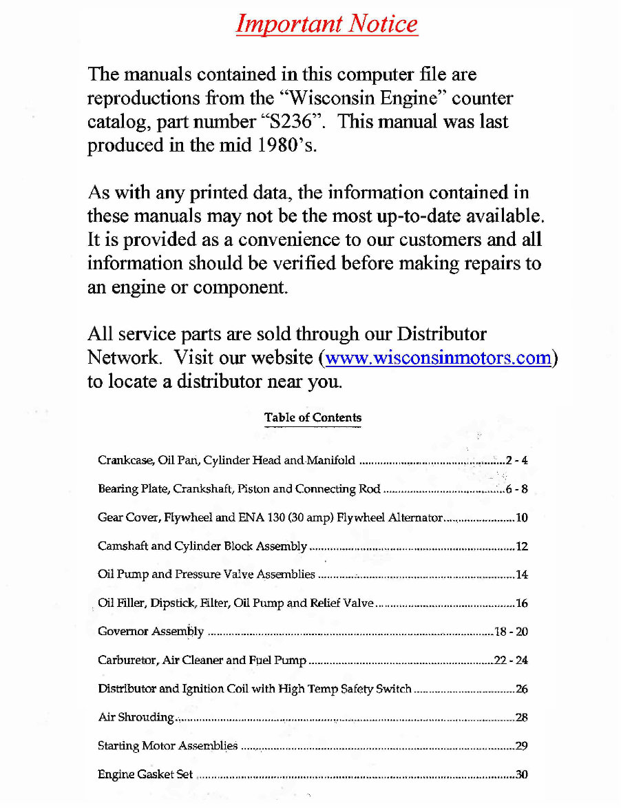 Wisconsin Engine parts manual W2 1250 IPL preview img 1