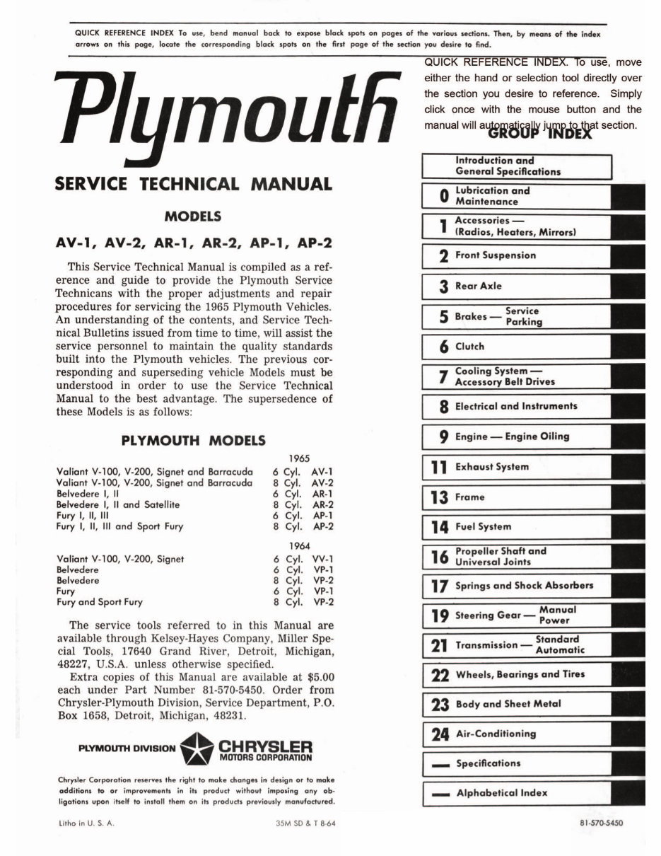 1964 1965 Plymouth Service manual Fury Satellite barracuda preview img 2