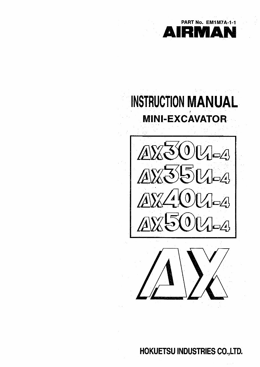 Airman AX Series (AX30/AX35/AX40/AX50) Mini-Excavator Operators Manual preview img 1