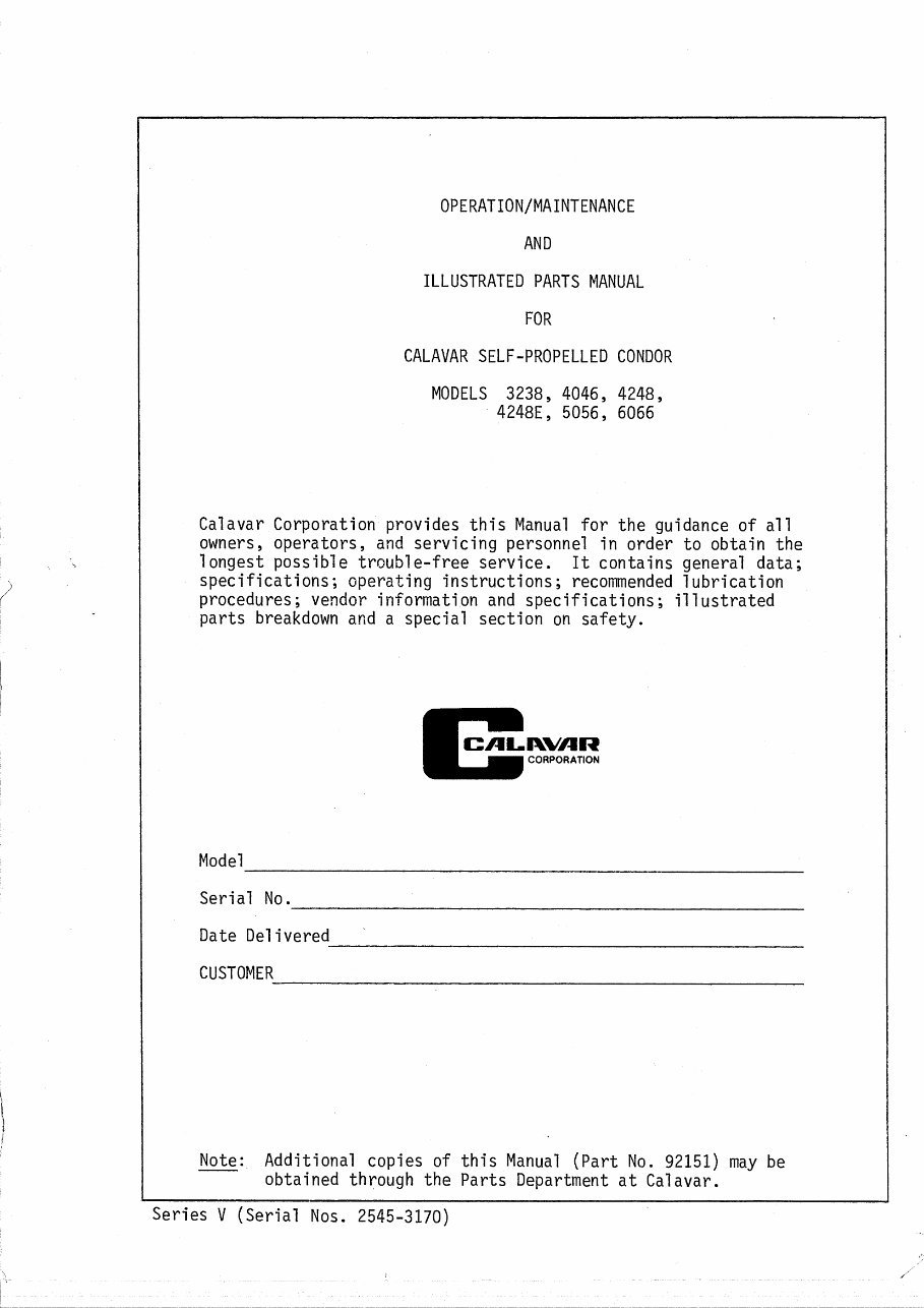 Calavar self-propelled condor models 3238 4046 4248 4248E 5056 6066 Operation/maintenance and illustrated parts manual Instant D preview img 1