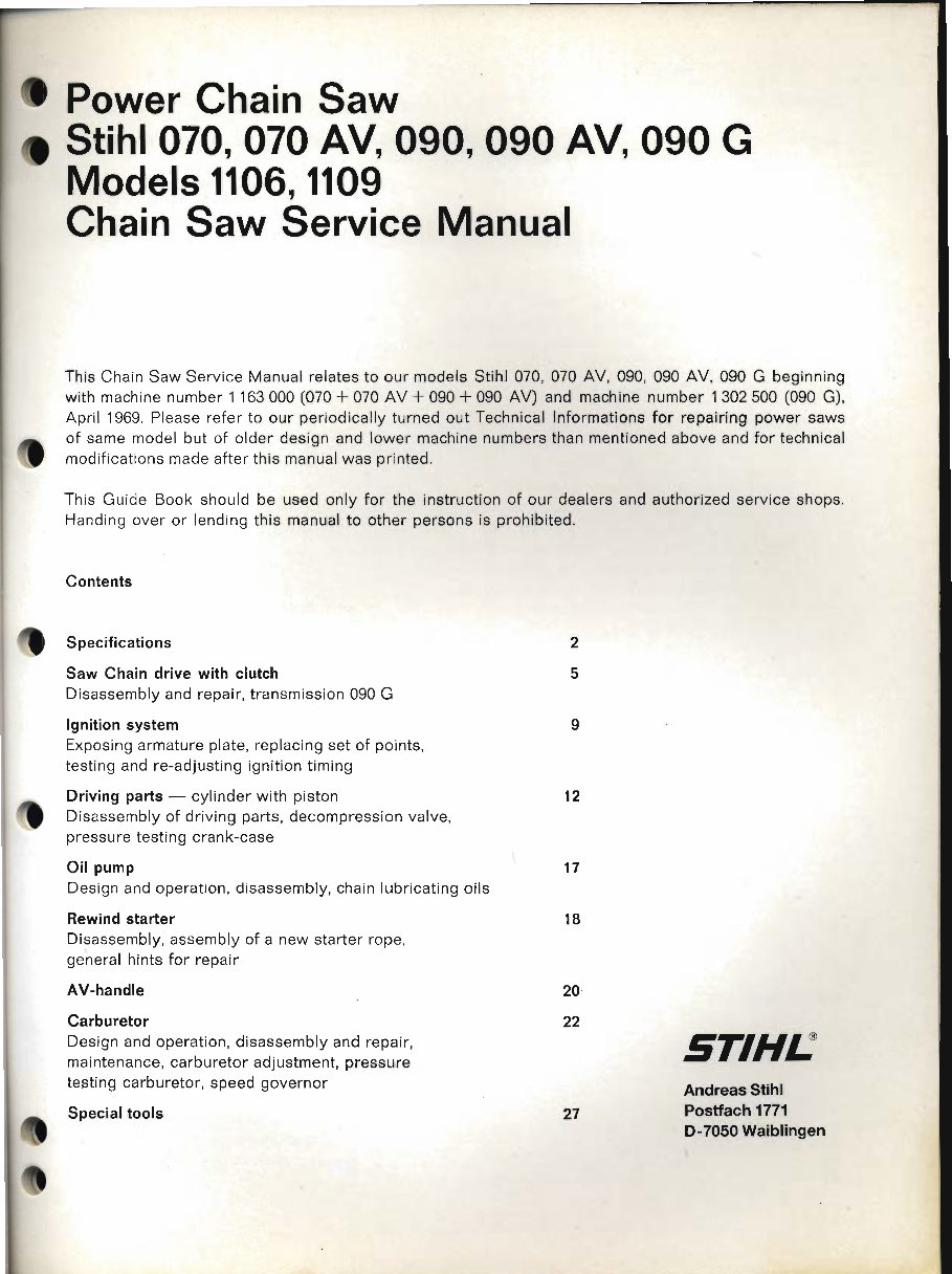 STIHL Chain Saw 070-090 Service Manual preview img 2