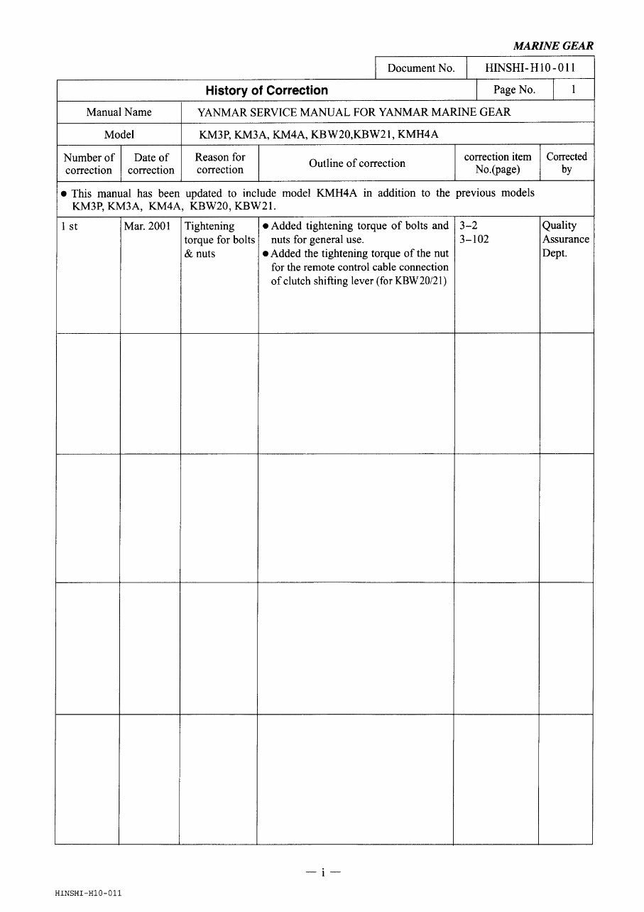 Yanmar KM3P / KM3A / KM4A / KBW20 / KBW21 / KMH4A Marine Gear Service & Repair Manual preview img 2
