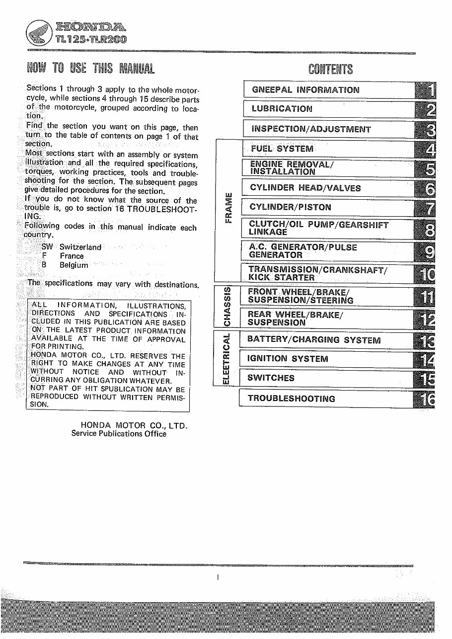 Honda TL125-TLR200 Master Workshop Manual | eManualOnline