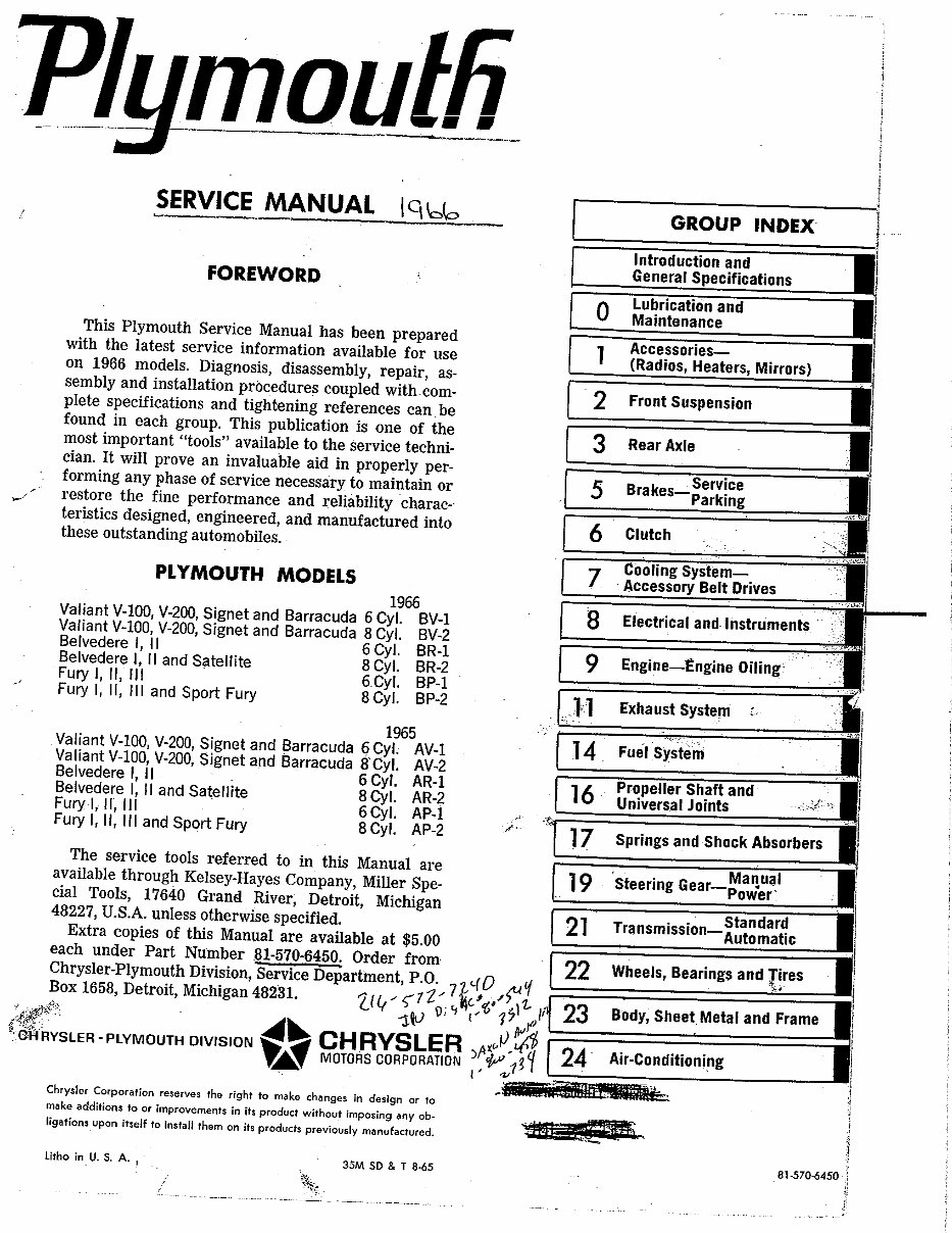 1966 Plymouth V-100/200 Signet Barracuda Repair manual preview img 1