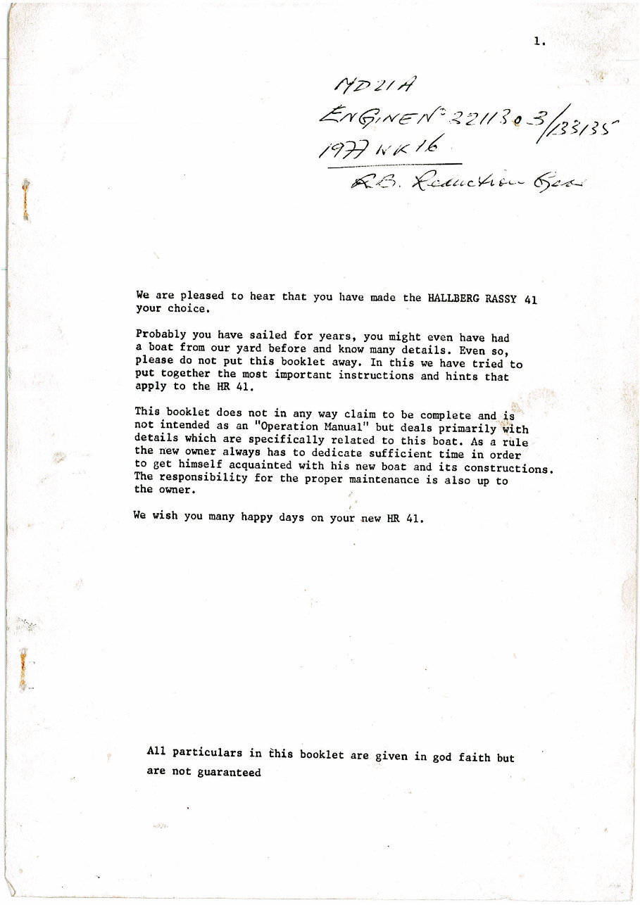 Hallberg Rassy HR 41 Owners Manual preview img 1