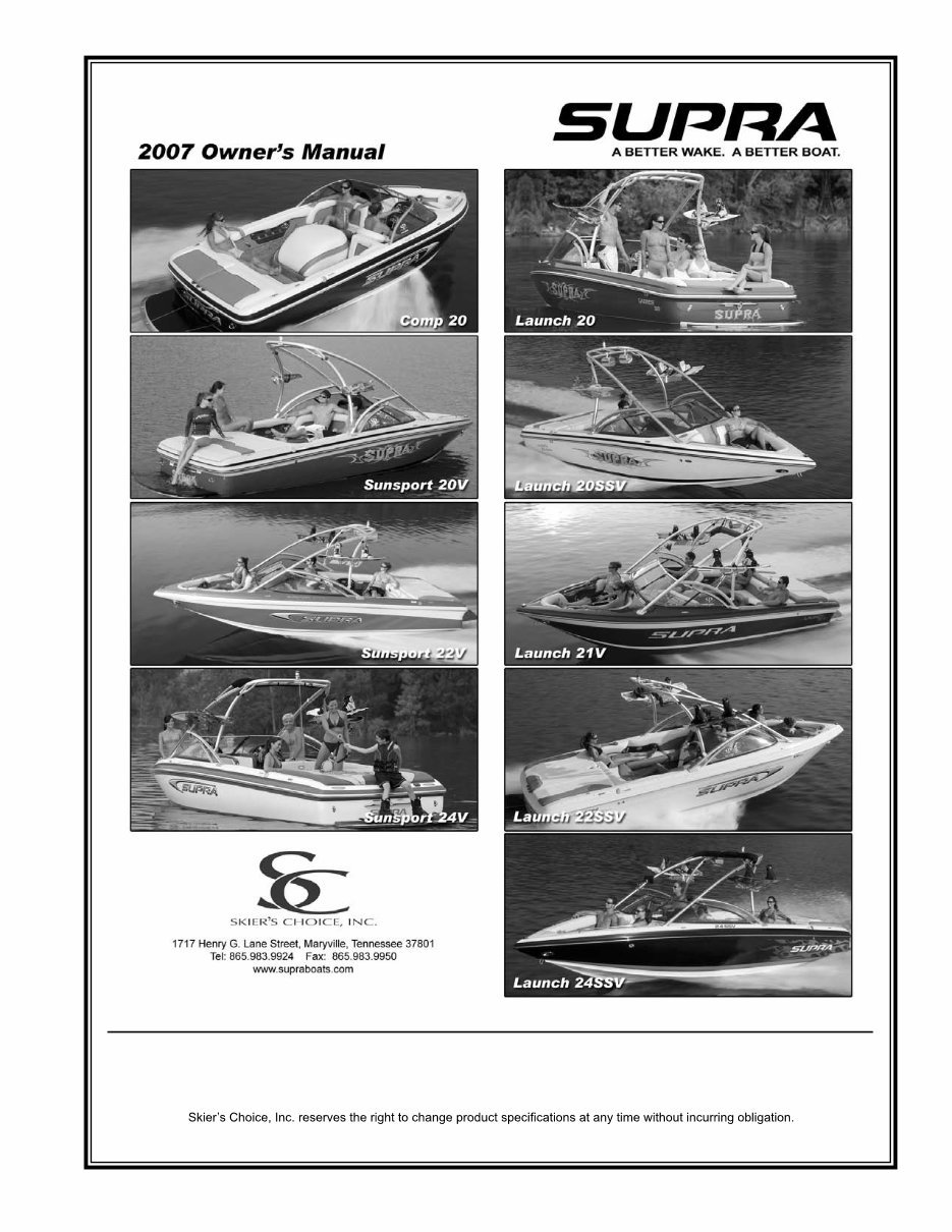 2007 Supra Comp 20, Sunsport 20V, Sunsport 22V, Sunsport 24V, Launch 20, Launch 20SSV, Launch 21V, Launch 22SSV, Launch 24SSV Owners Manual preview img 1